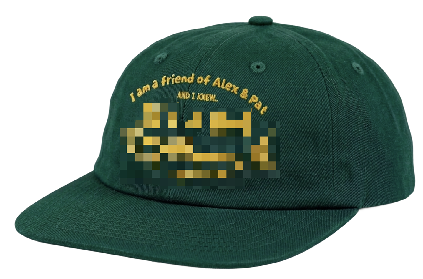 Custom embroidered cap (design pixelated to avoid spoiling the reveal)